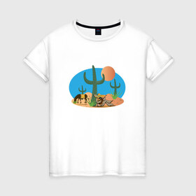 Женская футболка хлопок с принтом Мексиканский пейзаж в Кировске, 100% хлопок | прямой крой, круглый вырез горловины, длина до линии бедер, слегка спущенное плечо | кактус | мексика | мексиканский пейзажпейзаж