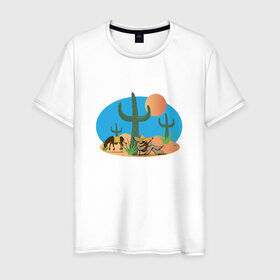 Мужская футболка хлопок с принтом Мексиканский пейзаж в Кировске, 100% хлопок | прямой крой, круглый вырез горловины, длина до линии бедер, слегка спущенное плечо. | кактус | мексика | мексиканский пейзажпейзаж