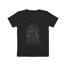 Детская футболка хлопок с принтом Звездный корабль в Кировске, 100% хлопок | круглый вырез горловины, полуприлегающий силуэт, длина до линии бедер | Тематика изображения на принте: волны | звезды | корабль | море | паруса | созвездия