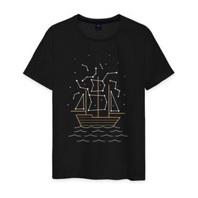 Мужская футболка хлопок с принтом Звездный корабль в Кировске, 100% хлопок | прямой крой, круглый вырез горловины, длина до линии бедер, слегка спущенное плечо. | волны | звезды | корабль | море | паруса | созвездия