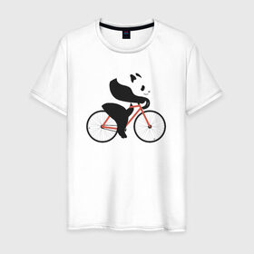 Мужская футболка хлопок с принтом Панда на велосипеде в Кировске, 100% хлопок | прямой крой, круглый вырез горловины, длина до линии бедер, слегка спущенное плечо. | панда