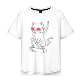 Мужская футболка хлопок Oversize с принтом Кот скейтбордист в Кировске, 100% хлопок | свободный крой, круглый ворот, “спинка” длиннее передней части | борд | кот | кошки | очки | скейтборд | стерео | экстрим