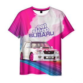Мужская футболка 3D с принтом Subaru в Кировске, 100% полиэфир | прямой крой, круглый вырез горловины, длина до линии бедер | drag | eat | ej20 | forester | jdm | rainbow | sf5 | sleep | subaru | субару | супердрифтбитва | форестер