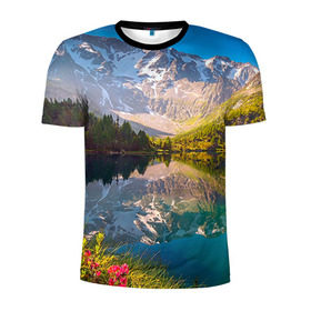 Мужская футболка 3D спортивная с принтом Природа в Кировске, 100% полиэстер с улучшенными характеристиками | приталенный силуэт, круглая горловина, широкие плечи, сужается к линии бедра | горы | облака | озеро | пейзаж