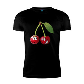 Мужская футболка премиум с принтом Вишня в Кировске, 92% хлопок, 8% лайкра | приталенный силуэт, круглый вырез ворота, длина до линии бедра, короткий рукав | вишнявишня | смайл | смайлик | улыбка | фрукты