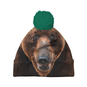 Шапка 3D c помпоном с принтом Медведь в Кировске, 100% полиэстер | универсальный размер, печать по всей поверхности изделия | бурый | гризли | животные | медведь | мишка