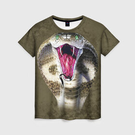 Женская футболка 3D с принтом Кобра в Кировске, 100% полиэфир ( синтетическое хлопкоподобное полотно) | прямой крой, круглый вырез горловины, длина до линии бедер | змея | зубы | кобра
