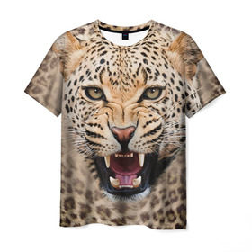 Мужская футболка 3D с принтом Леопард в Кировске, 100% полиэфир | прямой крой, круглый вырез горловины, длина до линии бедер | животные | зубы | киса | киска | кошка | леопард | оскал