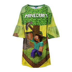 Детское платье 3D с принтом Minecraft в Кировске, 100% полиэстер | прямой силуэт, чуть расширенный к низу. Круглая горловина, на рукавах — воланы | Тематика изображения на принте: крипер