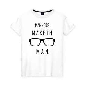 Женская футболка хлопок с принтом Kingsman Manners maketh man. в Кировске, 100% хлопок | прямой крой, круглый вырез горловины, длина до линии бедер, слегка спущенное плечо | kingsman manners maketh man. кингсмен