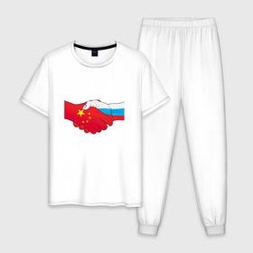 Мужская пижама хлопок с принтом Россия Китай в Кировске, 100% хлопок | брюки и футболка прямого кроя, без карманов, на брюках мягкая резинка на поясе и по низу штанин
 | Тематика изображения на принте: европа | китай | россия | руки | сила