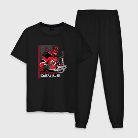 Мужская пижама хлопок с принтом New Jersey Devils в Кировске, 100% хлопок | брюки и футболка прямого кроя, без карманов, на брюках мягкая резинка на поясе и по низу штанин
 | Тематика изображения на принте: new jersey devils | nhl | спорт | хоккей