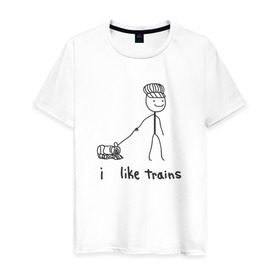 Мужская футболка хлопок с принтом Я люблю поезда в Кировске, 100% хлопок | прямой крой, круглый вырез горловины, длина до линии бедер, слегка спущенное плечо. | Тематика изображения на принте: вагоны | метро | поезд | транспорт | человечек