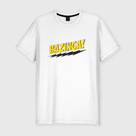 Мужская футболка премиум с принтом Bazinga в Кировске, 92% хлопок, 8% лайкра | приталенный силуэт, круглый вырез ворота, длина до линии бедра, короткий рукав | Тематика изображения на принте: шелдон