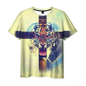 Мужская футболка 3D с принтом Хипстер Тигр в Кировске, 100% полиэфир | прямой крой, круглый вырез горловины, длина до линии бедер | 