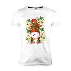 Мужская футболка премиум с принтом MISHKA в Кировске, 92% хлопок, 8% лайкра | приталенный силуэт, круглый вырез ворота, длина до линии бедра, короткий рукав | Тематика изображения на принте: медведь | мишка | россия | русский | хохлома | ягода