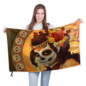 Флаг 3D с принтом Девушка. Сахарный череп в Кировске, 100% полиэстер | плотность ткани — 95 г/м2, размер — 67 х 109 см. Принт наносится с одной стороны | halloween | девушка | праздник | сахарный череп | тыква | хэллоуин | череп