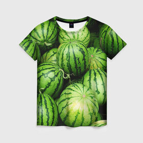 Женская футболка 3D с принтом Арбузы в Кировске, 100% полиэфир ( синтетическое хлопкоподобное полотно) | прямой крой, круглый вырез горловины, длина до линии бедер | арбуз | еда | фрукт | ягода