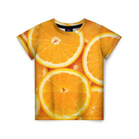 Детская футболка 3D с принтом Апельсин в Кировске, 100% гипоаллергенный полиэфир | прямой крой, круглый вырез горловины, длина до линии бедер, чуть спущенное плечо, ткань немного тянется | апельсин | еда | лимон | фрукт