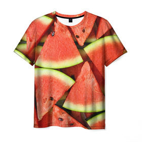 Мужская футболка 3D с принтом Дольки арбуза в Кировске, 100% полиэфир | прямой крой, круглый вырез горловины, длина до линии бедер | Тематика изображения на принте: арбуз | дольки арбуза | еда | фрукт | ягода