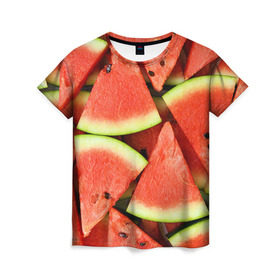 Женская футболка 3D с принтом Дольки арбуза в Кировске, 100% полиэфир ( синтетическое хлопкоподобное полотно) | прямой крой, круглый вырез горловины, длина до линии бедер | арбуз | дольки арбуза | еда | фрукт | ягода