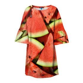 Детское платье 3D с принтом Дольки арбуза в Кировске, 100% полиэстер | прямой силуэт, чуть расширенный к низу. Круглая горловина, на рукавах — воланы | Тематика изображения на принте: арбуз | дольки арбуза | еда | фрукт | ягода