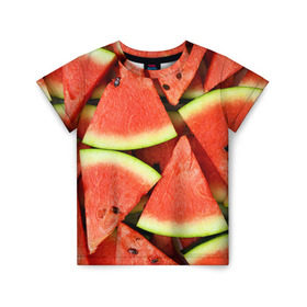 Детская футболка 3D с принтом Дольки арбуза в Кировске, 100% гипоаллергенный полиэфир | прямой крой, круглый вырез горловины, длина до линии бедер, чуть спущенное плечо, ткань немного тянется | арбуз | дольки арбуза | еда | фрукт | ягода