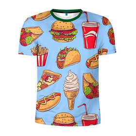 Мужская футболка 3D спортивная с принтом Еда в Кировске, 100% полиэстер с улучшенными характеристиками | приталенный силуэт, круглая горловина, широкие плечи, сужается к линии бедра | Тематика изображения на принте: гамбургер | еда | пицца | фастфуд | фри