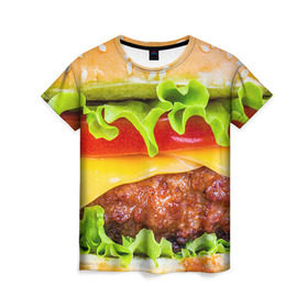 Женская футболка 3D с принтом Гамбургер в Кировске, 100% полиэфир ( синтетическое хлопкоподобное полотно) | прямой крой, круглый вырез горловины, длина до линии бедер | бутерброд | гамбургер | еда | фастфуд | чизбургер