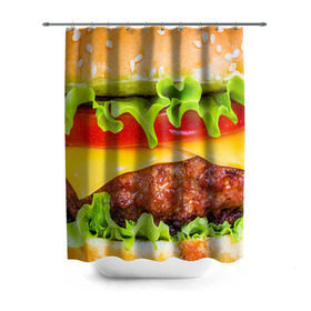 Штора 3D для ванной с принтом Гамбургер в Кировске, 100% полиэстер | плотность материала — 100 г/м2. Стандартный размер — 146 см х 180 см. По верхнему краю — пластиковые люверсы для креплений. В комплекте 10 пластиковых колец | бутерброд | гамбургер | еда | фастфуд | чизбургер