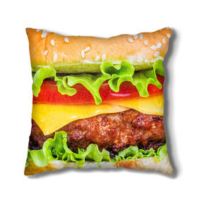 Подушка 3D с принтом Гамбургер в Кировске, наволочка – 100% полиэстер, наполнитель – холлофайбер (легкий наполнитель, не вызывает аллергию). | состоит из подушки и наволочки. Наволочка на молнии, легко снимается для стирки | бутерброд | гамбургер | еда | фастфуд | чизбургер