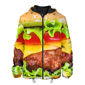Мужская куртка 3D с принтом Гамбургер в Кировске, ткань верха — 100% полиэстер, подклад — флис | прямой крой, подол и капюшон оформлены резинкой с фиксаторами, два кармана без застежек по бокам, один большой потайной карман на груди. Карман на груди застегивается на липучку | Тематика изображения на принте: бутерброд | гамбургер | еда | фастфуд | чизбургер