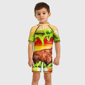 Детский купальный костюм 3D с принтом Гамбургер в Кировске, Полиэстер 85%, Спандекс 15% | застежка на молнии на спине | бутерброд | гамбургер | еда | фастфуд | чизбургер