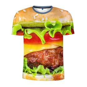 Мужская футболка 3D спортивная с принтом Гамбургер в Кировске, 100% полиэстер с улучшенными характеристиками | приталенный силуэт, круглая горловина, широкие плечи, сужается к линии бедра | Тематика изображения на принте: бутерброд | гамбургер | еда | фастфуд | чизбургер