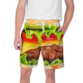 Мужские шорты 3D с принтом Гамбургер в Кировске,  полиэстер 100% | прямой крой, два кармана без застежек по бокам. Мягкая трикотажная резинка на поясе, внутри которой широкие завязки. Длина чуть выше колен | бутерброд | гамбургер | еда | фастфуд | чизбургер