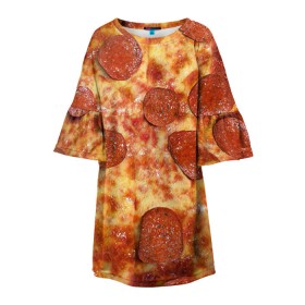 Детское платье 3D с принтом Пицца в Кировске, 100% полиэстер | прямой силуэт, чуть расширенный к низу. Круглая горловина, на рукавах — воланы | Тематика изображения на принте: pizza | еда | пицца | фастфуд