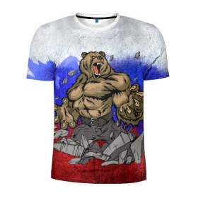 Мужская футболка 3D спортивная с принтом Медведь в Кировске, 100% полиэстер с улучшенными характеристиками | приталенный силуэт, круглая горловина, широкие плечи, сужается к линии бедра | флаг россии