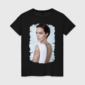 Женская футболка хлопок с принтом Angelina Jolie в Кировске, 100% хлопок | прямой крой, круглый вырез горловины, длина до линии бедер, слегка спущенное плечо | татуировки