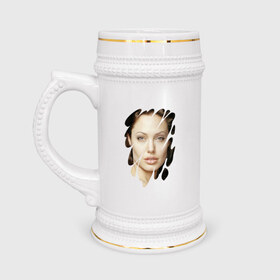Кружка пивная с принтом Анджелина Джоли в Кировске,  керамика (Материал выдерживает высокую температуру, стоит избегать резкого перепада температур) |  объем 630 мл | Тематика изображения на принте: angelina jolie | hollywood | анджелина джоли | голливуд | кинозвезда