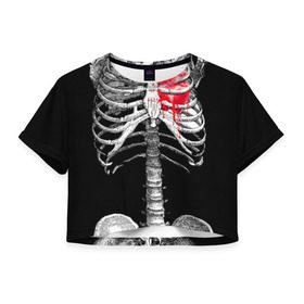 Женская футболка 3D укороченная с принтом Скелет с сердцем в Кировске, 100% полиэстер | круглая горловина, длина футболки до линии талии, рукава с отворотами | halloween | skeleton | кровь | скелет | хэллоуин