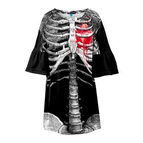 Детское платье 3D с принтом Скелет с сердцем в Кировске, 100% полиэстер | прямой силуэт, чуть расширенный к низу. Круглая горловина, на рукавах — воланы | halloween | skeleton | кровь | скелет | хэллоуин