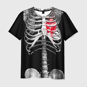 Мужская футболка 3D с принтом Скелет с сердцем в Кировске, 100% полиэфир | прямой крой, круглый вырез горловины, длина до линии бедер | Тематика изображения на принте: halloween | skeleton | кровь | скелет | хэллоуин