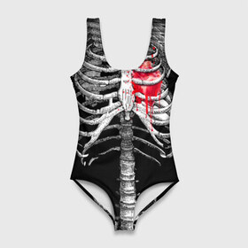Купальник-боди 3D с принтом Скелет с сердцем в Кировске, 82% полиэстер, 18% эластан | Круглая горловина, круглый вырез на спине | halloween | skeleton | кровь | скелет | хэллоуин