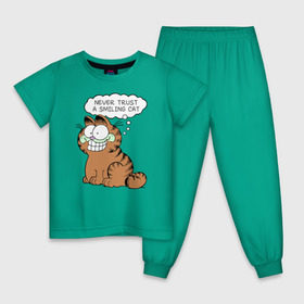 Детская пижама хлопок с принтом Garfield Smiling Cat в Кировске, 100% хлопок |  брюки и футболка прямого кроя, без карманов, на брюках мягкая резинка на поясе и по низу штанин
 | Тематика изображения на принте: garfield smiling cat гарфилд кот