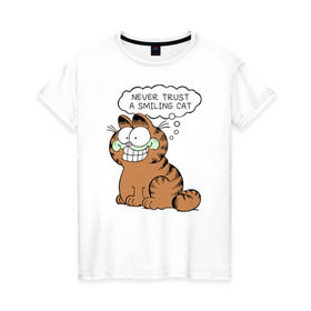 Женская футболка хлопок с принтом Garfield Smiling Cat в Кировске, 100% хлопок | прямой крой, круглый вырез горловины, длина до линии бедер, слегка спущенное плечо | Тематика изображения на принте: garfield smiling cat гарфилд кот