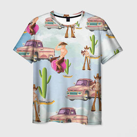 Мужская футболка 3D с принтом Ковбой в Кировске, 100% полиэфир | прямой крой, круглый вырез горловины, длина до линии бедер | Тематика изображения на принте: голые | кактус | ковбой | парни | пикап | прикол | пустыня
