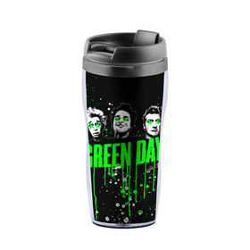 Термокружка-непроливайка с принтом Green Day в Кировске, внутренняя часть — пищевой пластик, наружная часть — прозрачный пластик, между ними — полиграфическая вставка с рисунком | объем — 350 мл, герметичная крышка | green day | rock | грин дей | рок