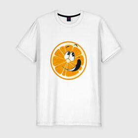 Мужская футболка премиум с принтом Веселый апельсин в Кировске, 92% хлопок, 8% лайкра | приталенный силуэт, круглый вырез ворота, длина до линии бедра, короткий рукав | Тематика изображения на принте: апельсин | прикольная | рожа | рожица | фрукт