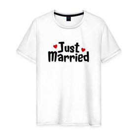 Мужская футболка хлопок с принтом Just Married - Молодожены в Кировске, 100% хлопок | прямой крой, круглый вырез горловины, длина до линии бедер, слегка спущенное плечо. | just married | медовый месяц | молодожены | свадьба