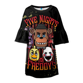Детское платье 3D с принтом Five Nights At Freddy`s в Кировске, 100% полиэстер | прямой силуэт, чуть расширенный к низу. Круглая горловина, на рукавах — воланы | five nights at freddys | fnaf | freddy | игры | медведь | мишка | фнаф | фредди